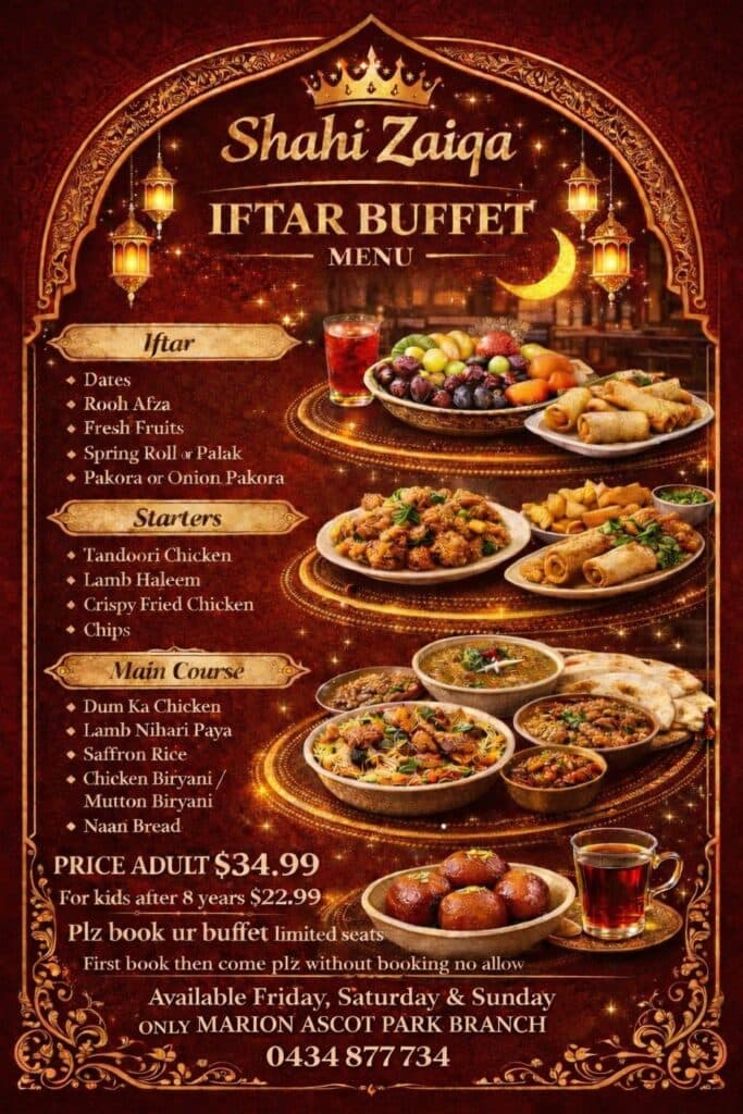 Shahi Zaiqa Menu Page 1 - Starters, Biryani, Curries, Tandoori